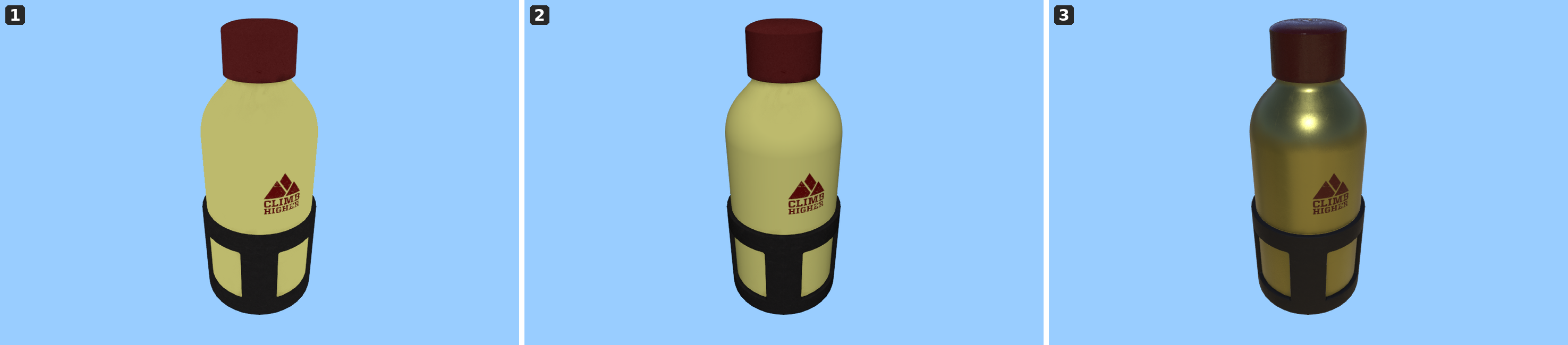 The same asset with (1) no shading model, (2) a simple shading model and (3) a physically based one