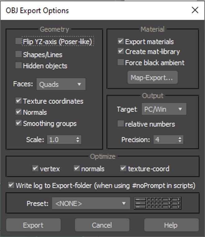 A panel showing which export options to pick