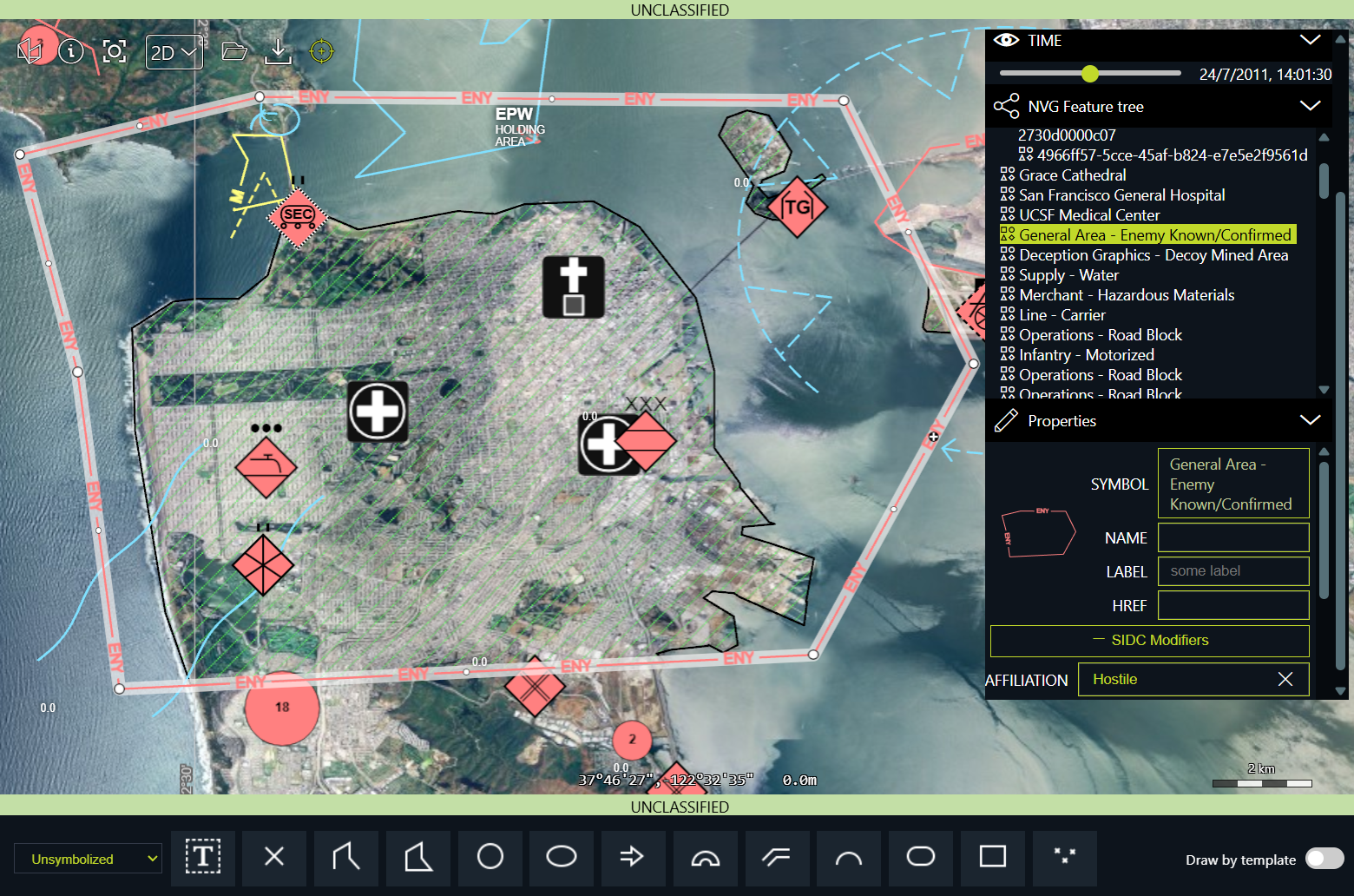 The LuciadRIA NVG Sample showing a fictional invasion scenario